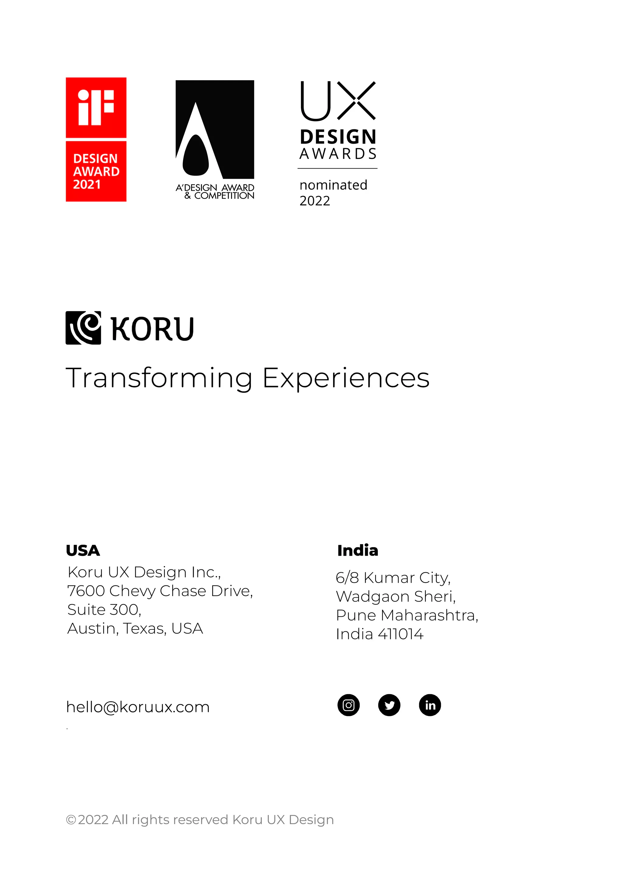 https://twitter.com/koru_ux
https://twitter.com/koru_ux
https://twitter.com/koru_ux
https://twitter.com/koru_ux
https://twitter.com/koru_ux
https://www.linkedin.com/company/koru-ux/
https://www.linkedin.com/company/koru-ux/
https://www.linkedin.com/company/koru-ux/
https://www.linkedin.com/company/koru-ux/
https://www.linkedin.com/company/koru-ux/
https://www.instagram.com/koruuxdesign/
https://www.instagram.com/koruuxdesign/
https://www.instagram.com/koruuxdesign/
https://www.instagram.com/koruuxdesign/
https://www.instagram.com/koruuxdesign/
https://www.instagram.com/koruuxdesign/
https://www.koruux.com
6/8 Kumar City,
Wadgaon Sheri,
Pune Maharashtra,
India 411014
2022 All rights reserved Koru UX Design
Koru UX Design Inc.,
7600 Chevy Chase Drive,
Suite 300,
Austin, Texas, USA
https://www.linkedin.com/company/koru-ux/
https://twitter.com/koru_ux
https://www.instagram.com/koruuxdesign/
https://www.koruux.com
 