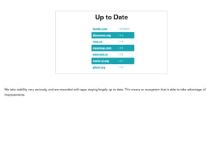Up to Date
bustle.com 1.8.0-beta.5
discourse.org 1.6.0
vine.co 1.7.0
squareup.com 1.5.0
intercom.io 1.7.0
travis-ci.org 1.6.1
ghost.org 1.7.0
We take stability very seriously, and are rewarded with apps staying largely up to date. This means an ecosystem that is able to take advantage of
improvements.
 