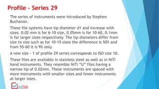 Profile - Series 29
The series of instruments were introduced by Stephen
Buchanan.
These file systems have tip diameter d1 and increase with
sizes. 0.02 mm is for 6-10 size, 0.05mm is for 10-60, 0.1mm
is for larger sizes respectively. The tip diameters differ from
size to size such as for 10-15 sizes the difference is 50% and
from 55-60 it is 9% only.
A new size - 1 of profile 29 series corresponds to ISO size 10.
These files are available in stainless steel as well as in NiTi
hand instruments. They resemble NiTi “U” files having a
narrow tip of 0.02mm. These instruments are spaced with
more instruments with smaller sizes and fewer instruments
at larger sizes.
 