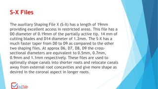S-X Files
The auxiliary Shaping File X (S-X) has a length of 19mm
providing excellent access in restricted areas. This file has a
D0 diameter of 0.19mm of the partially active tip. 14 mm of
cutting blades and D14 diameter of 1.2mm. The S-X has a
much faster taper from D0 to D9 as compared to the other
two shaping files. At approx D6, D7, D8, D9 the cross-
sectional diameters are equivalent to 0.5mm, 0.7mm,
0.9mm and 1.1mm respectively. These files are used to
optimally shape canals into shorter roots and relocate canals
away from external root concavities and give more shape as
desired in the coronal aspect in longer roots.
 