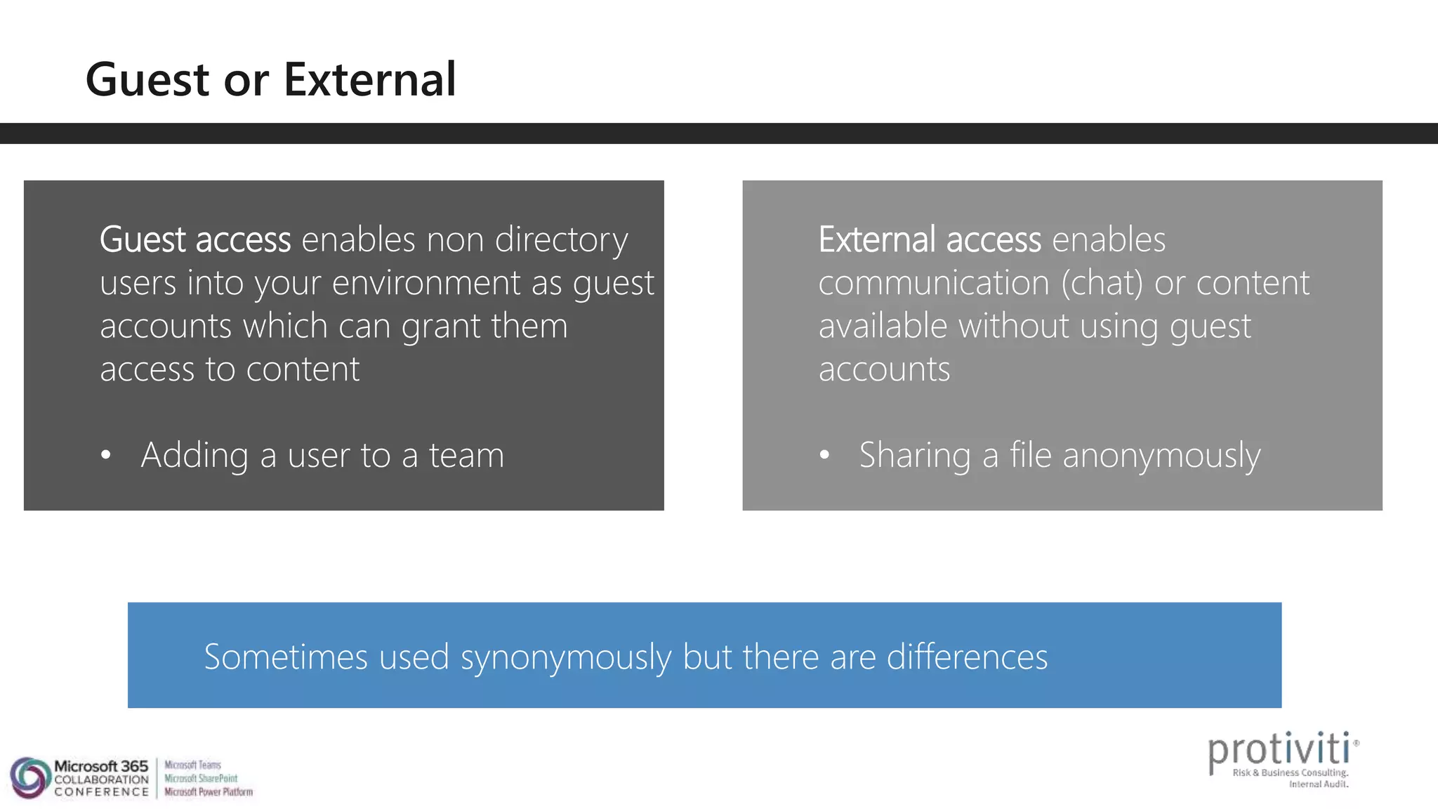 External access enables
communication (chat) or content
available without using guest
accounts
• Sharing a file anonymously
Sometimes used synonymously but there are differences
Guest access enables non directory
users into your environment as guest
accounts which can grant them
access to content
• Adding a user to a team
 