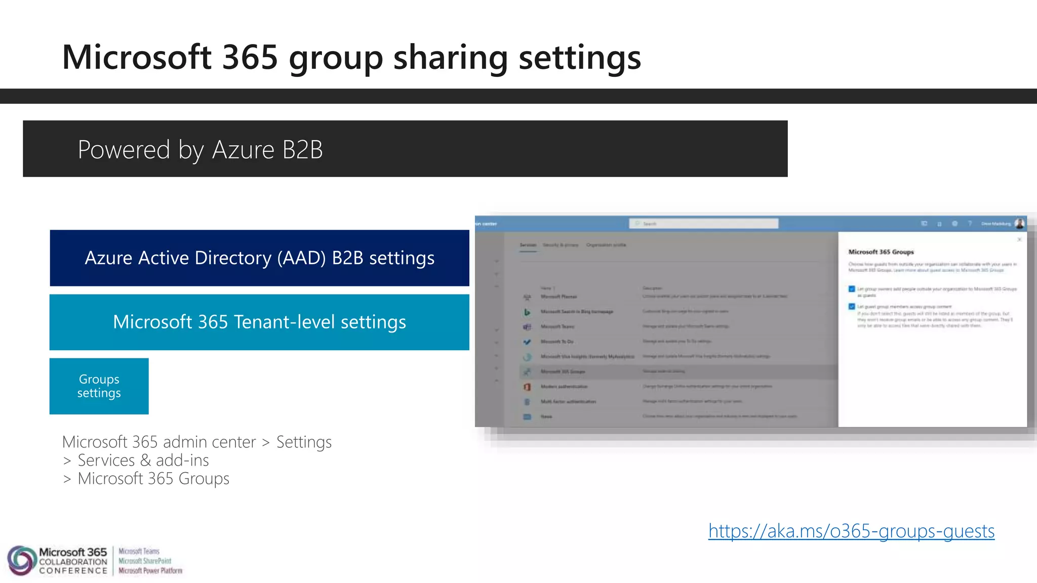 Powered by Azure B2B
Microsoft 365 admin center > Settings
> Services & add-ins
> Microsoft 365 Groups
https://aka.ms/o365-groups-guests
 