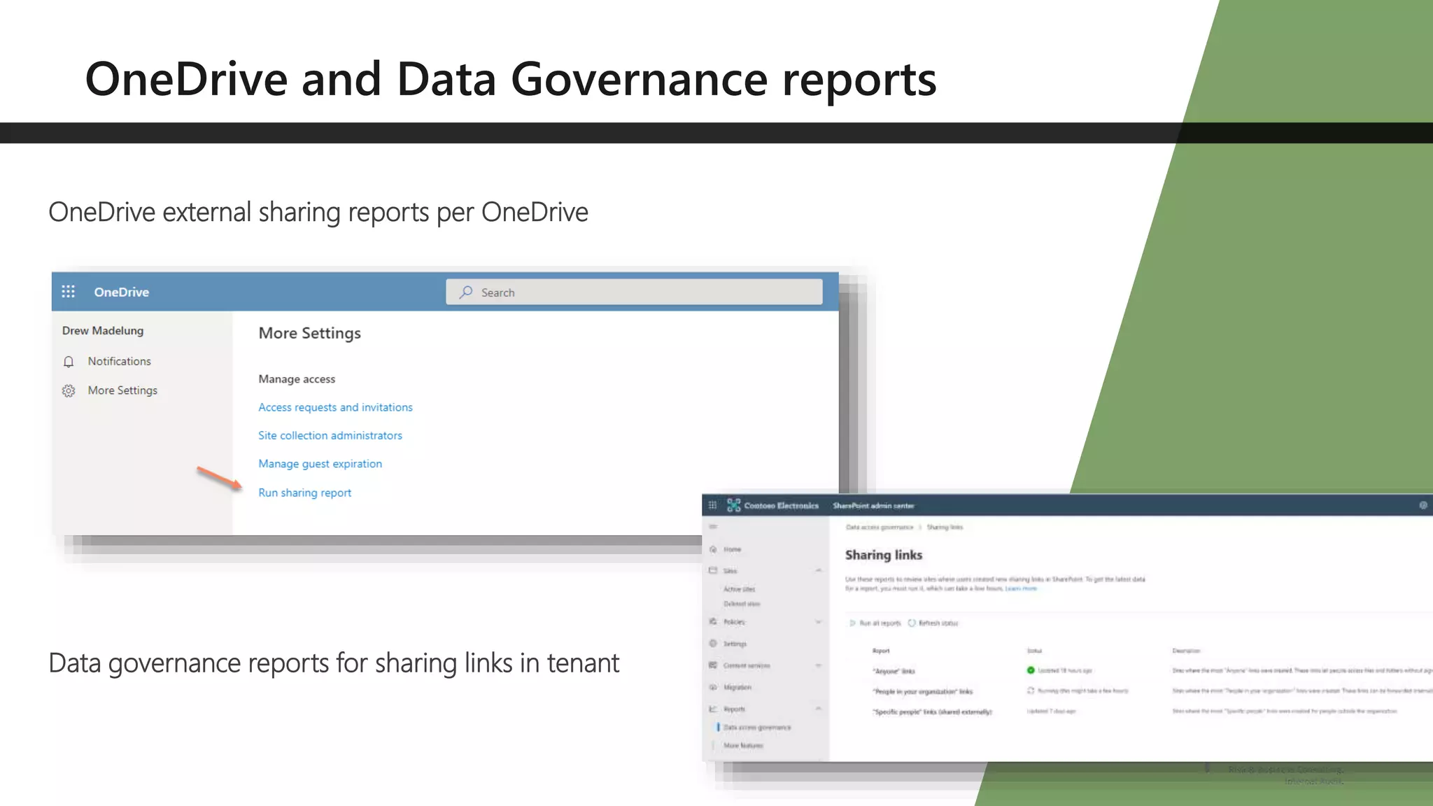 OneDrive external sharing reports per OneDrive
Data governance reports for sharing links in tenant
 