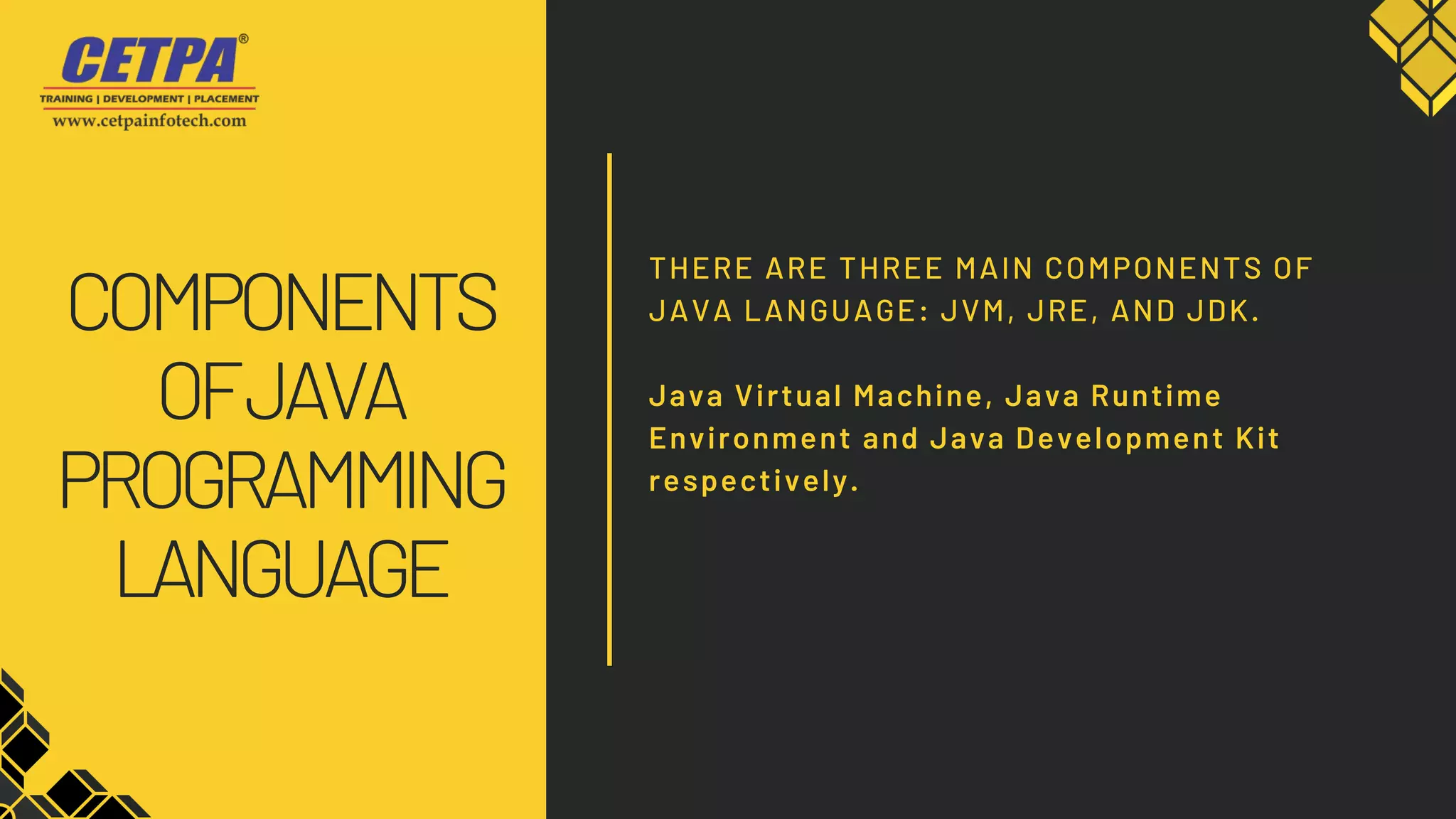 THERE ARE THREE MAIN COMPONENTS OF
JAVA LANGUAGE: JVM, JRE, AND JDK.
Java Virtual Machine, Java Runtime
Environment and Java Development Kit
respectively.
COMPONENTS
OFJAVA
PROGRAMMING
LANGUAGE
 