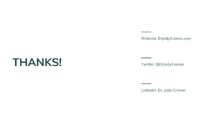THANKS!
Website: DrJodyCremer.com
Twitter: @DrJodyCremer
LinkedIn: Dr. Jody Cremer
 