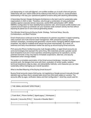 just depepnding on rock-sold @gmail. com profiles enables you to build a fast and genuine
relationship with your visitors while all the malicious links that you click on, cause persistent
backtracking in the way your operational pipeline functions along with declining deliverability.
A Secondary Domain Google Workspace Architecture is the best route for sustainable sales
organizations in 2023 or later. Therefore, only through a combination of using authorized
resellers against corporate domain resources, careful DNS authentication (SPF, DKIM,
DMARC) configuration for best reliability/hack protection ratio, strict browser profile isolation and
a paced account warm-up schedule can your business scale outreach activity risk-free without
exposing its planet DJI or core revenue-generating assets.
The Ultimate Gmail Accounts Buying Guide: Strategy, Technical Setup, Security
Considerations, and Best Practices
Email infrastructure continues to be the centerpiece of customer acquisition in digital marketing,
sales outreach and multi-channel asset management. With companies opening up their
outreach campaigns, increasing lead generation volume and/or managing different digital brand
properties, the need for scalable email setups has grown exponentially. As a result, an
extensive and fairly misunderstood market has sprung up around buying Gmail accounts.
PVA accounts (Phone Verified Accounts), bulk Google profiles, or aged Gmail accounts are
some terminologies that represent the same thing. Old credentials provide a greater overall
level of baseline trust and a more seamless onboarding experience for operations, but the
potential downside is they may lead to immediate suspensions, data loss, and security
breakdowns when wrongly treated.
The guide is a complete examination of the Gmail account landscape. Includes how these
accounts work, the dangers that come with them, evaluation of vendor quality, isolation
technical breakdowns (step by step), and deliverability methods—and measures you can take
sustainably without damaging your overall reputation.
What is the Best Meaning of the Buying Gmail Account?
Buying Gmail accounts means that buying, not registering a Google account manually through
standard sign-up flows (that is already been done) from third party sellers or vendors. The
accounts differ by ages, verification status and their configuration + what they would used for.
┌───────────────────────────────────────────────────────────
──────────────┐
│ THE GMAIL ACCOUNT SPECTRUM │
├─────────────────┬───────────────────┬──────────────────┬──
──────────────┤
│ Fresh Bulk │ Phone Verified │ Aged/Legacy │ Workspace │
Accounts │ Accounts (PVA) │ ΅ Accounts Reseller Mail
━ ━
├─────────────────┼───────────────────┼──────────────────┼──
──────────────┤
 
