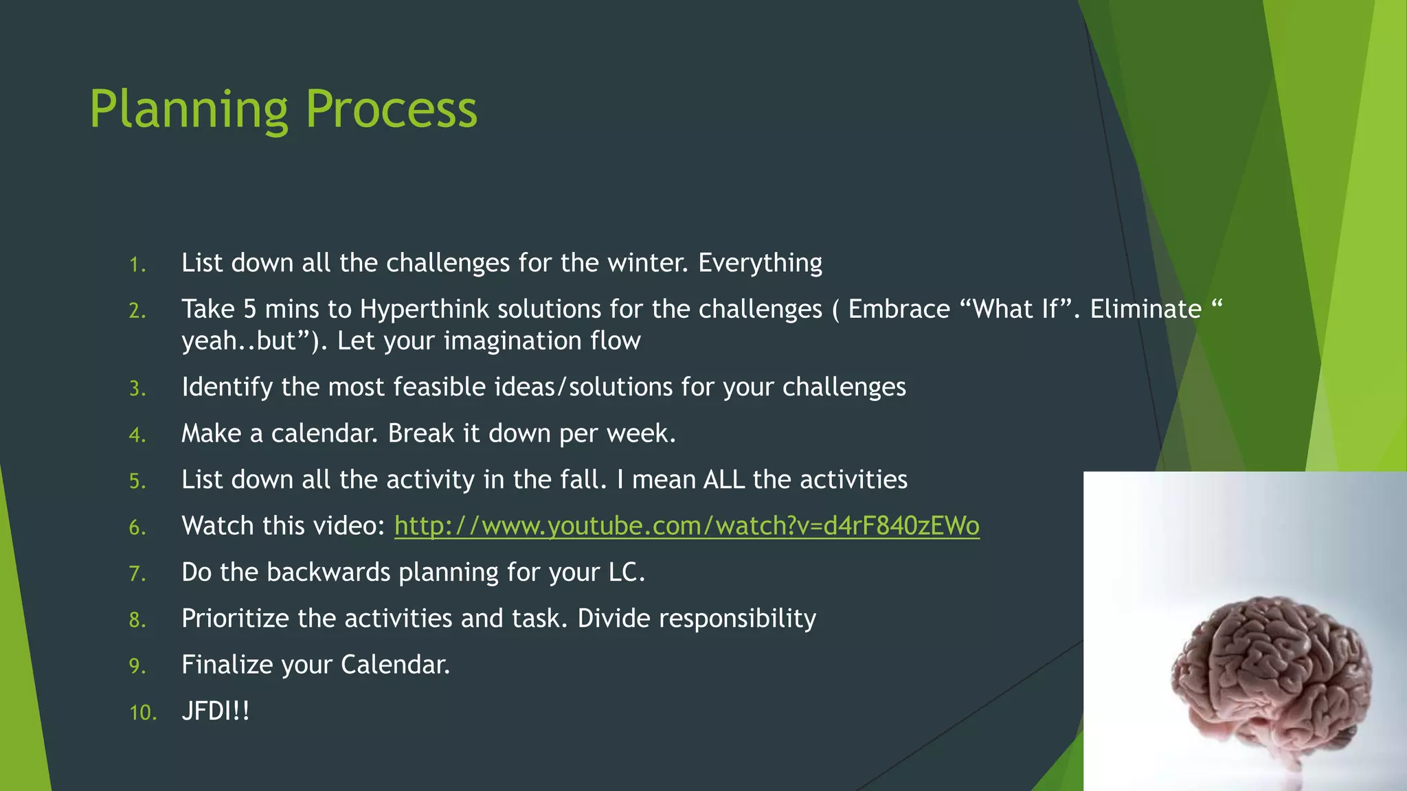 Planning Process
1.

List down all the challenges for the winter. Everything

2.

Take 5 mins to Hyperthink solutions for the challenges ( Embrace “What If”. Eliminate “
yeah..but”). Let your imagination flow

3.

Identify the most feasible ideas/solutions for your challenges

4.

Make a calendar. Break it down per week.

5.

List down all the activity in the fall. I mean ALL the activities

6.

Watch this video: http://www.youtube.com/watch?v=d4rF840zEWo

7.

Do the backwards planning for your LC.

8.

Prioritize the activities and task. Divide responsibility

9.

Finalize your Calendar.

10.

JFDI!!

 