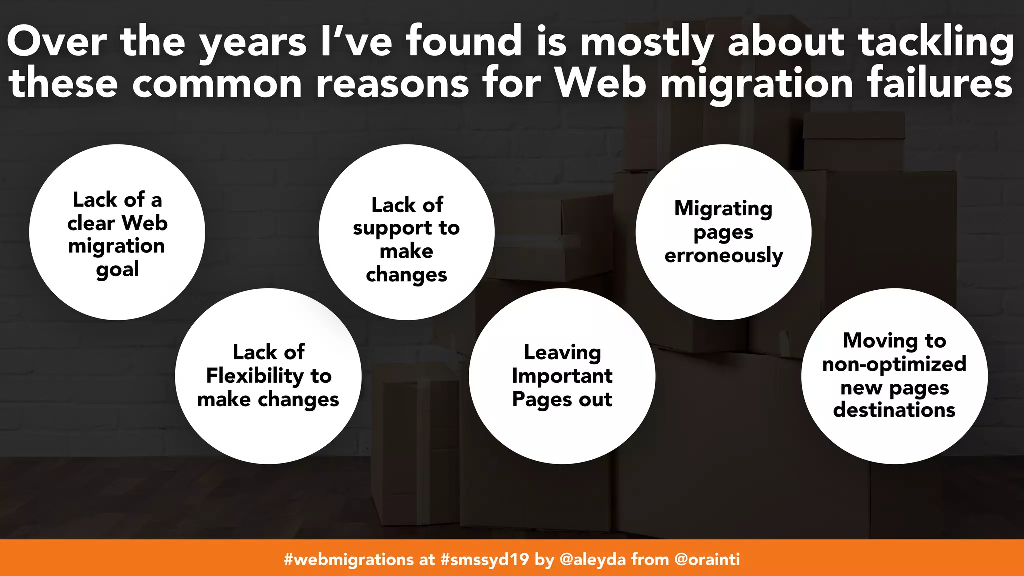 #webmigrations at #smssyd19 by @aleyda from @orainti
Over the years I’ve found is mostly about tackling
these common reasons for Web migration failures
Lack of a
clear Web
migration
goal
Lack of
Flexibility to
make changes
Lack of
support to
make
changes
Leaving
Important
Pages out
Migrating
pages
erroneously
Moving to
non-optimized
new pages
destinations
 