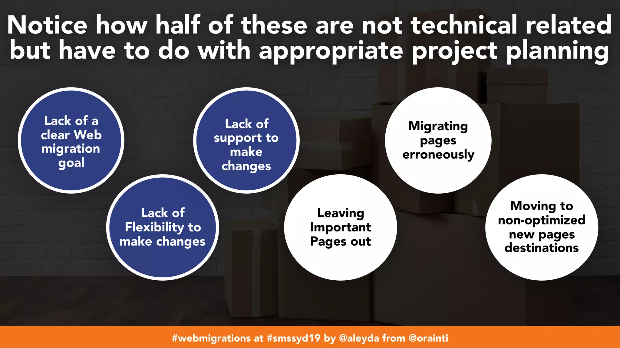 #webmigrations at #smssyd19 by @aleyda from @orainti
Notice how half of these are not technical related
but have to do with appropriate project planning
Lack of a
clear Web
migration
goal
Lack of
Flexibility to
make changes
Lack of
support to
make
changes
Leaving
Important
Pages out
Migrating
pages
erroneously
Moving to
non-optimized
new pages
destinations
 