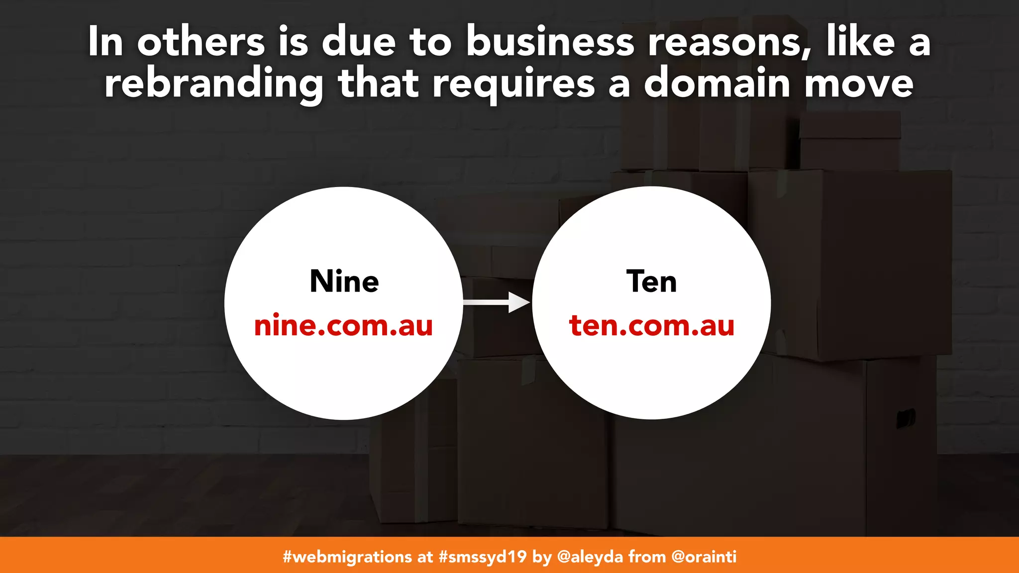 #webmigrations at #smssyd19 by @aleyda from @orainti
In others is due to business reasons, like a
rebranding that requires a domain move
Nine
nine.com.au
Ten
ten.com.au
 