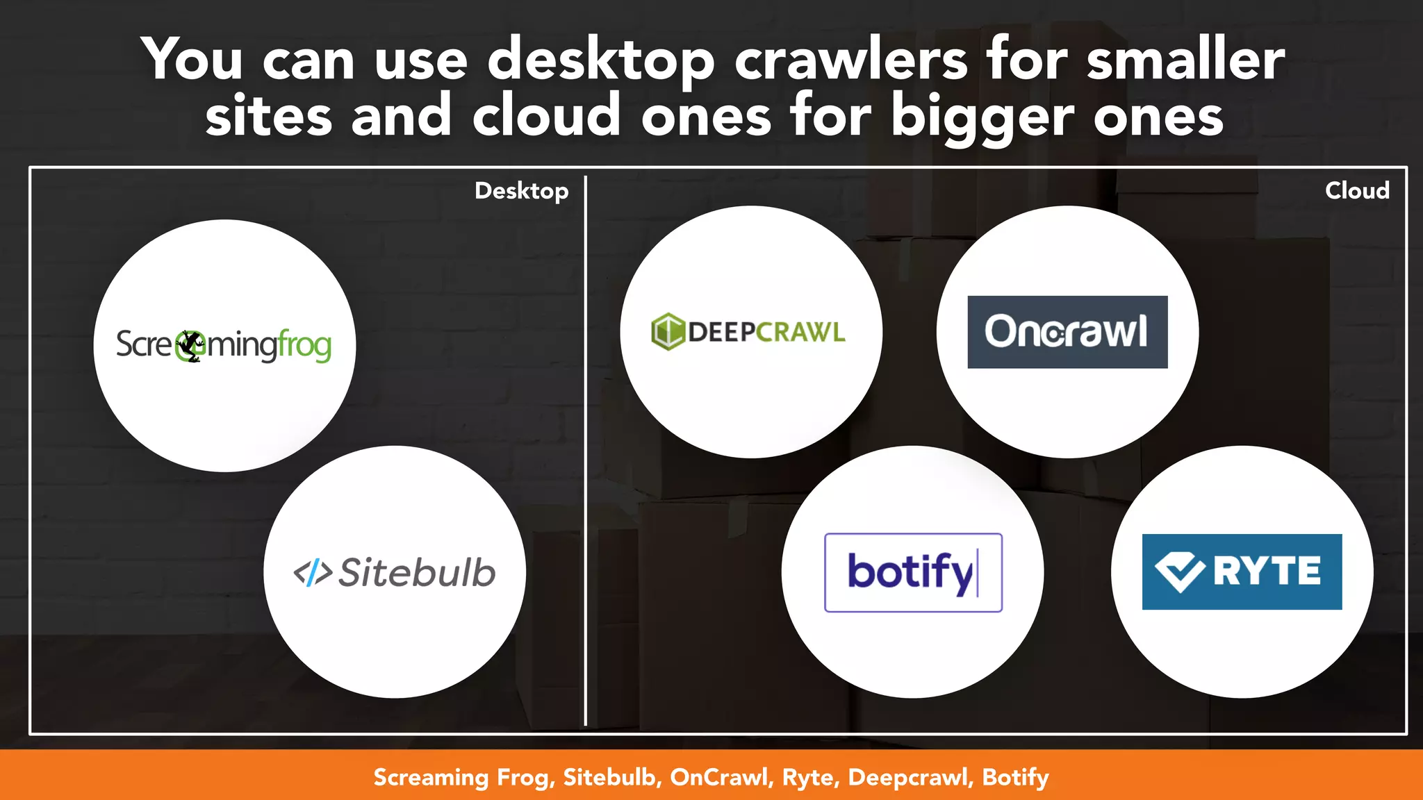 #webmigrations at #smssyd19 by @aleyda from @orainti
You can use desktop crawlers for smaller  
sites and cloud ones for bigger ones
Screaming Frog, Sitebulb, OnCrawl, Ryte, Deepcrawl, Botify
Desktop Cloud
 