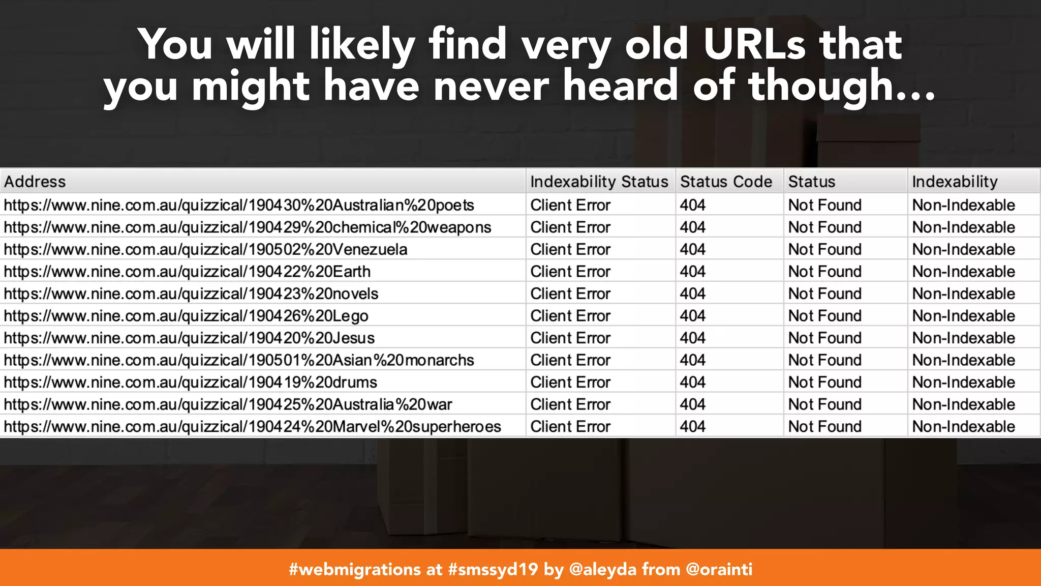 #webmigrations at #smssyd19 by @aleyda from @orainti
You will likely ﬁnd very old URLs that  
you might have never heard of though…
 