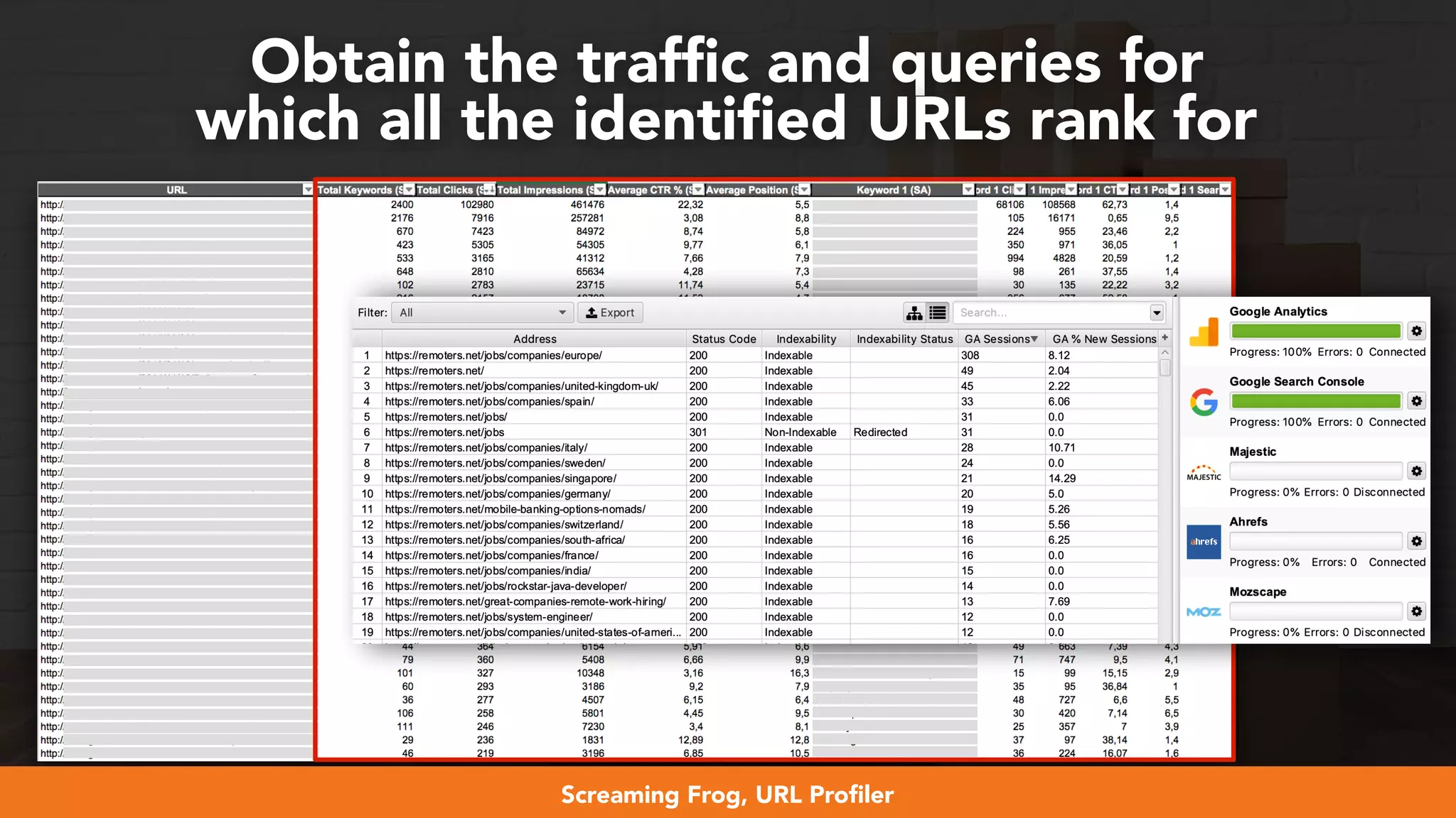 #webmigrations at #smssyd19 by @aleyda from @orainti
Obtain the trafﬁc and queries for  
which all the identiﬁed URLs rank for
Screaming Frog, URL Proﬁler
 