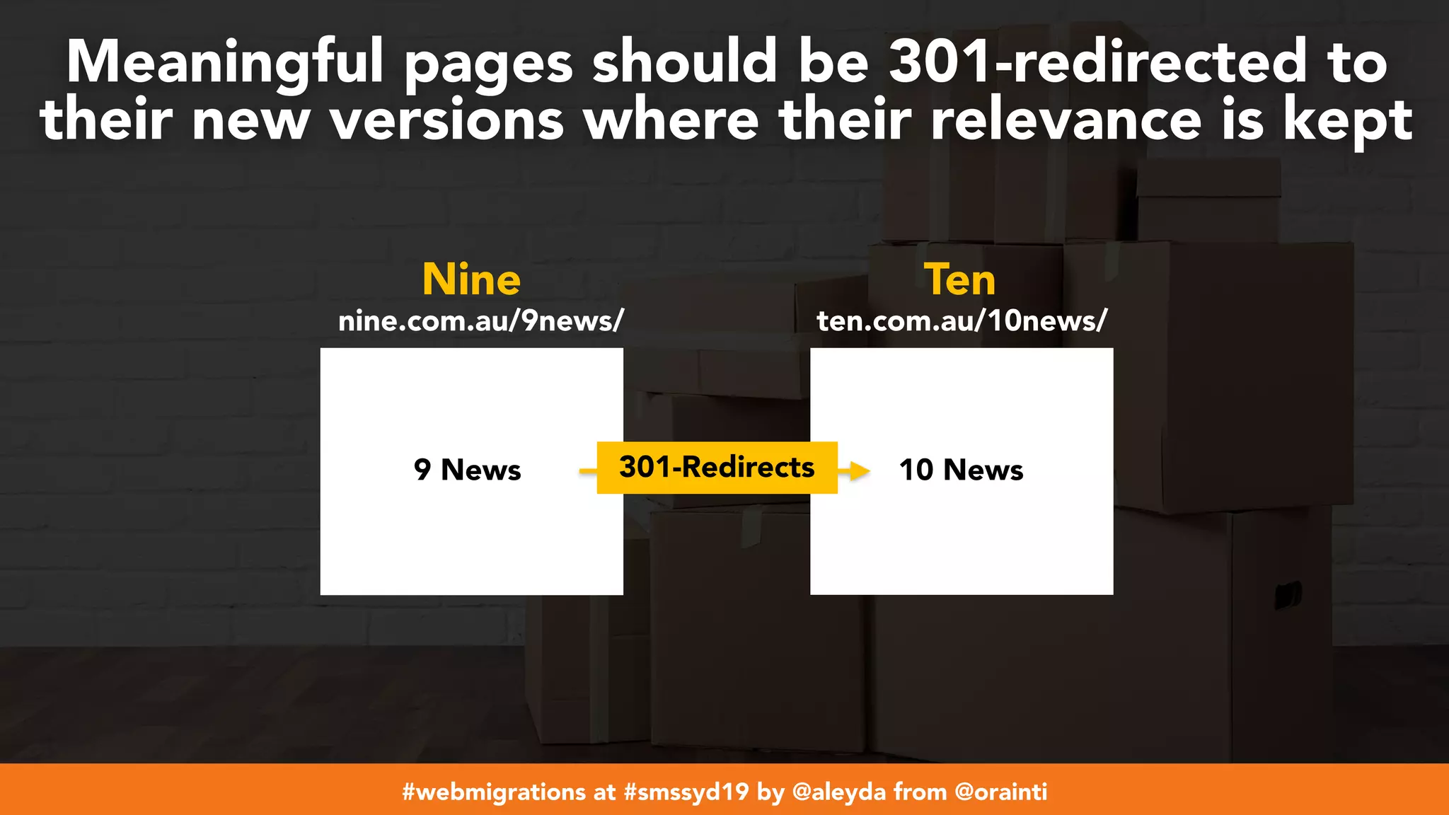 #webmigrations at #smssyd19 by @aleyda from @orainti
Meaningful pages should be 301-redirected to
their new versions where their relevance is kept
10 News
nine.com.au/9news/ ten.com.au/10news/
9 News
Nine Ten
301-Redirects
 