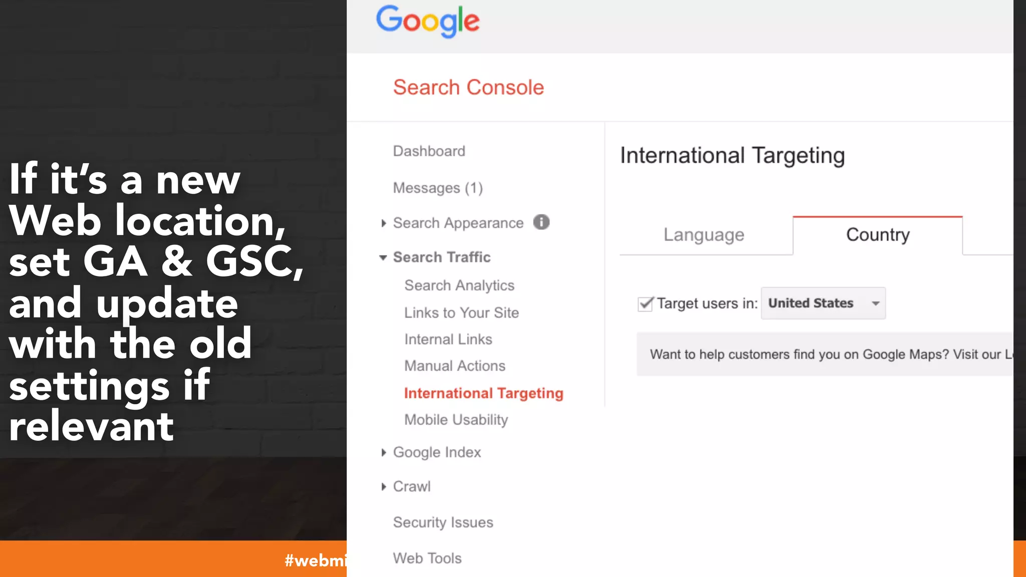 #webmigrations at #smssyd19 by @aleyda from @orainti
If it’s a new
Web location,
set GA & GSC,
and update
with the old
settings if
relevant
 