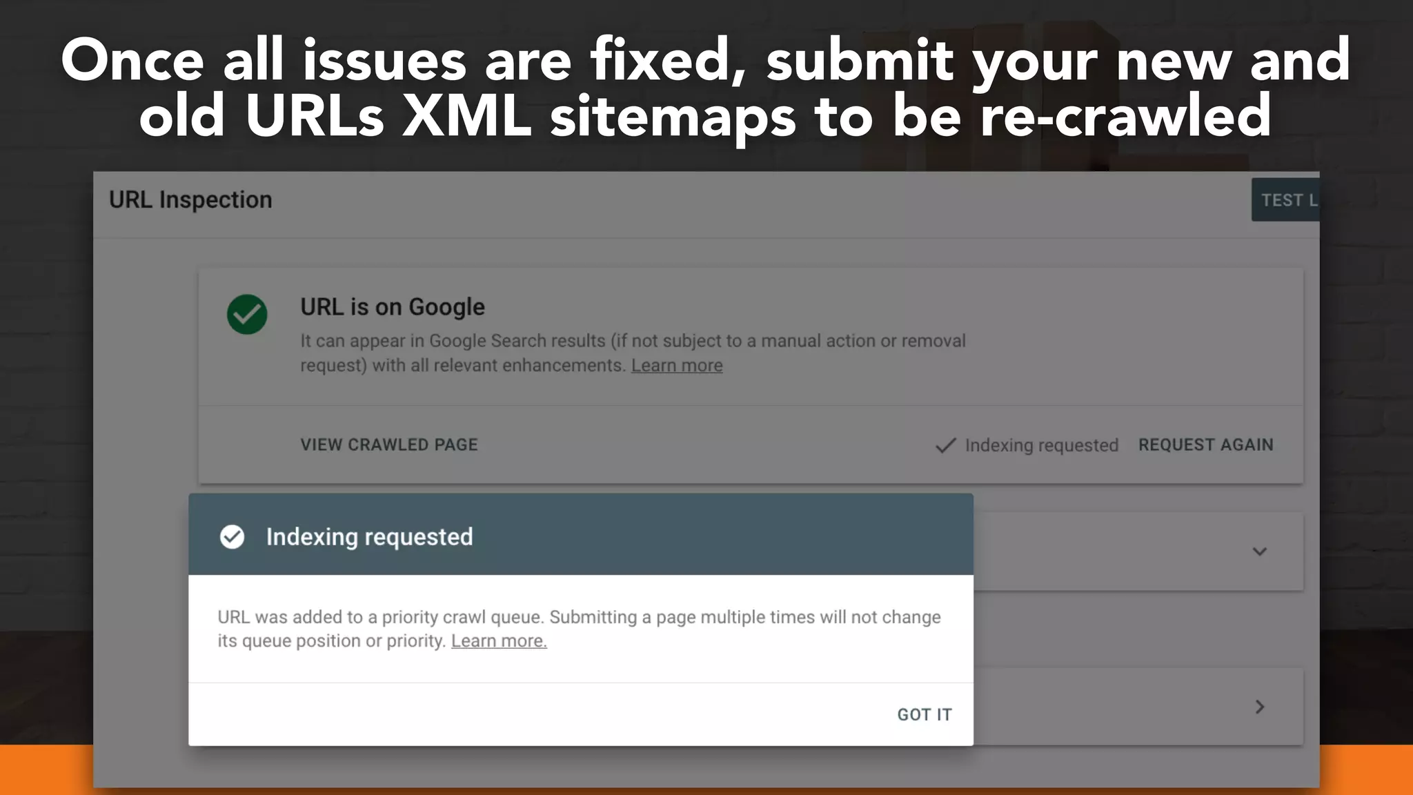 #webmigrations at #smssyd19 by @aleyda from @orainti
Once all issues are ﬁxed, submit your new and
old URLs XML sitemaps to be re-crawled
 