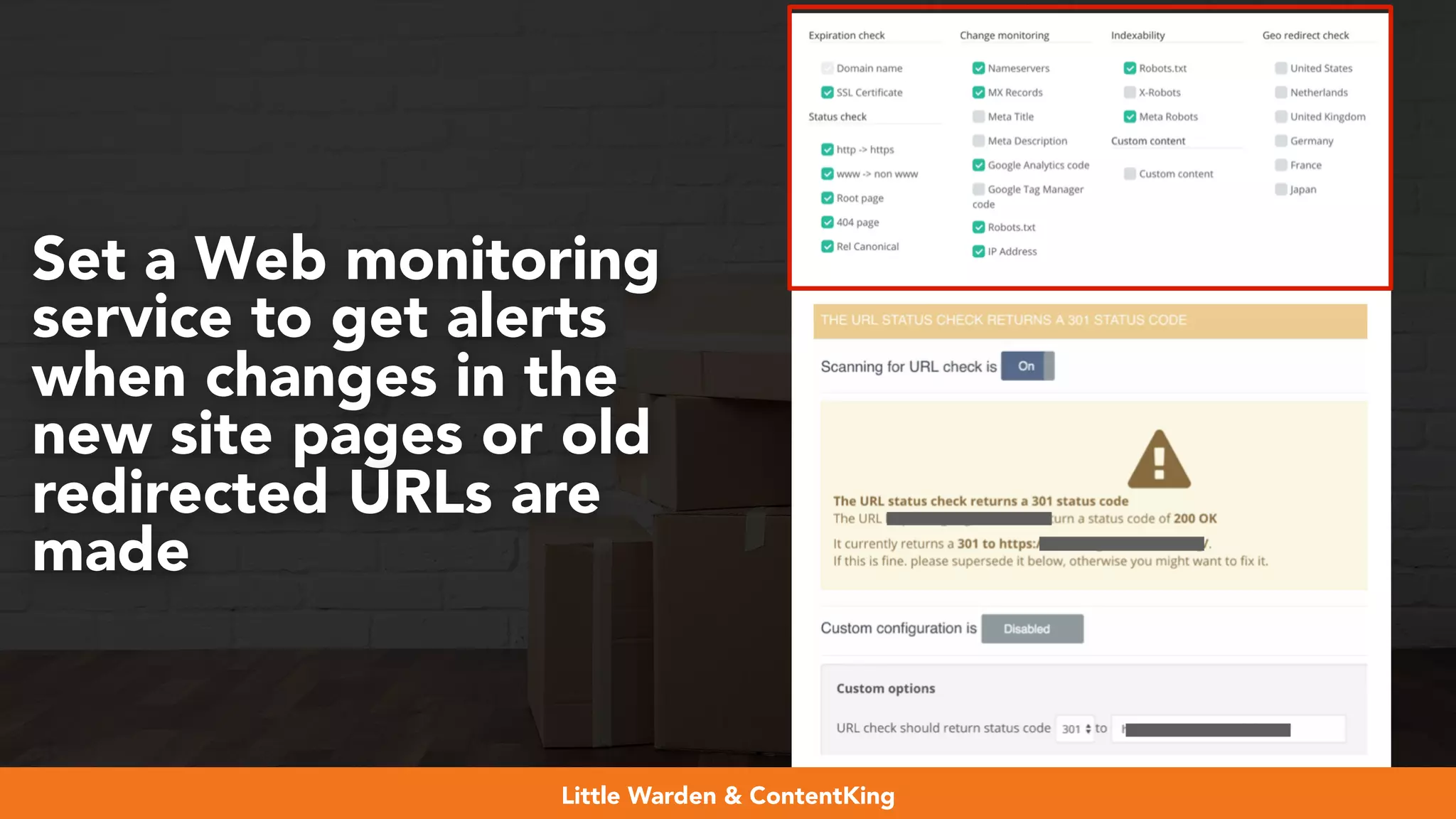 #webmigrations at #smssyd19 by @aleyda from @orainti
Set a Web monitoring
service to get alerts
when changes in the
new site pages or old
redirected URLs are
made
Little Warden & ContentKing
 
