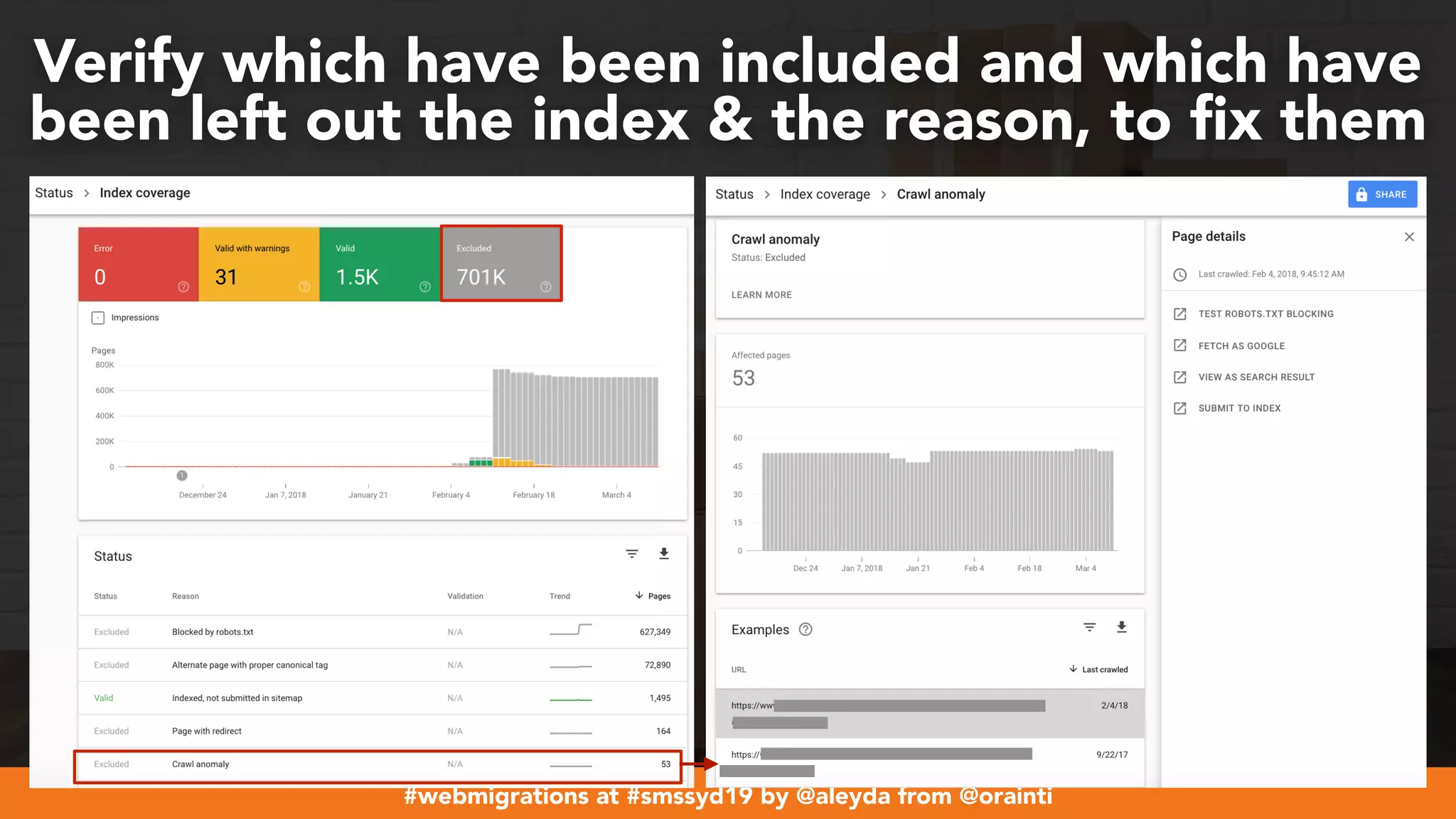 #webmigrations at #smssyd19 by @aleyda from @orainti
Verify which have been included and which have
been left out the index & the reason, to ﬁx them
 