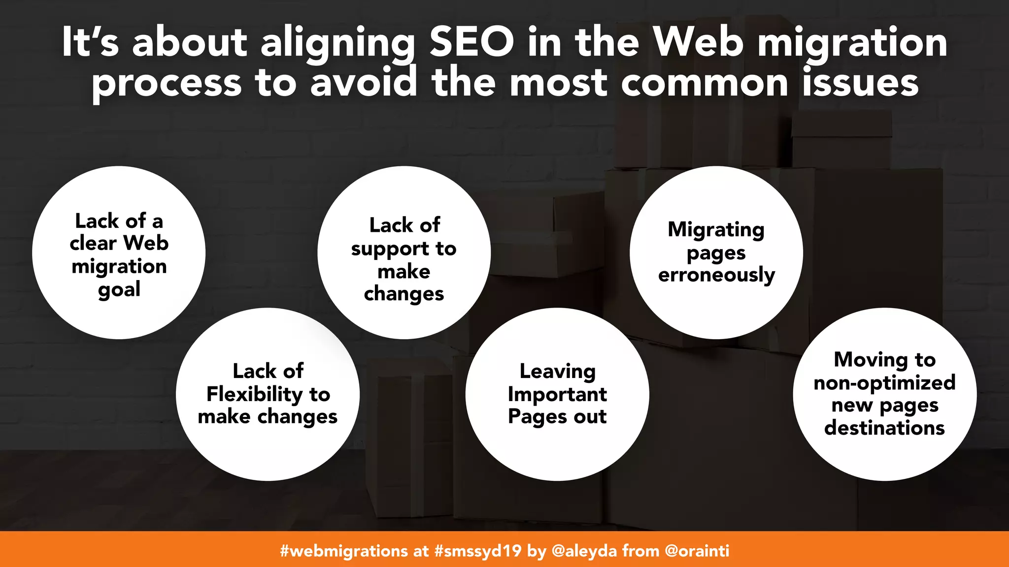 #webmigrations at #smssyd19 by @aleyda from @orainti
It’s about aligning SEO in the Web migration  
process to avoid the most common issues
Lack of a
clear Web
migration
goal
Lack of
Flexibility to
make changes
Lack of
support to
make
changes
Leaving
Important
Pages out
Migrating
pages
erroneously
Moving to
non-optimized
new pages
destinations
 