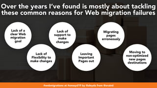 #webmigrations at #smssyd19 by @aleyda from @orainti
Over the years I’ve found is mostly about tackling
these common reasons for Web migration failures
Lack of a
clear Web
migration
goal
Lack of
Flexibility to
make changes
Lack of
support to
make
changes
Leaving
Important
Pages out
Migrating
pages
erroneously
Moving to
non-optimized
new pages
destinations
 