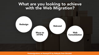 #webmigrations at #smssyd19 by @aleyda from @orainti
What are you looking to achieve  
with the Web Migration?
Redesign
Move to  
HTTPS
Rebrand
Web
Consolidation
 