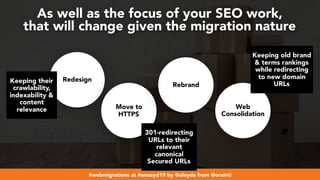 #webmigrations at #smssyd19 by @aleyda from @orainti
Redesign
Move to
HTTPS
Rebrand
Web
Consolidation
As well as the focus of your SEO work,  
that will change given the migration nature
301-redirecting
URLs to their
relevant
canonical
Secured URLs
Keeping old brand
& terms rankings
while redirecting
to new domain
URLsKeeping their
crawlability,
indexability &
content
relevance
 