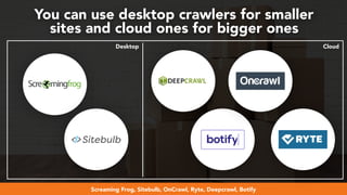 #webmigrations at #smssyd19 by @aleyda from @orainti
You can use desktop crawlers for smaller  
sites and cloud ones for bigger ones
Screaming Frog, Sitebulb, OnCrawl, Ryte, Deepcrawl, Botify
Desktop Cloud
 