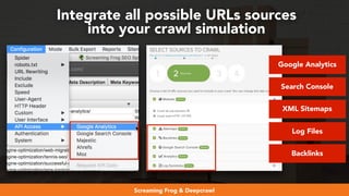 #webmigrations at #smssyd19 by @aleyda from @orainti
Integrate all possible URLs sources  
into your crawl simulation
Screaming Frog & Deepcrawl
Google Analytics
Search Console
XML Sitemaps
Log Files
Backlinks
 