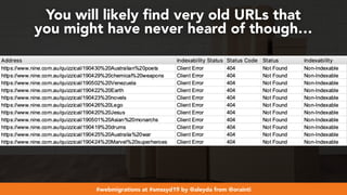 #webmigrations at #smssyd19 by @aleyda from @orainti
You will likely ﬁnd very old URLs that  
you might have never heard of though…
 