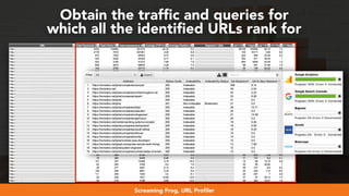 #webmigrations at #smssyd19 by @aleyda from @orainti
Obtain the trafﬁc and queries for  
which all the identiﬁed URLs rank for
Screaming Frog, URL Proﬁler
 