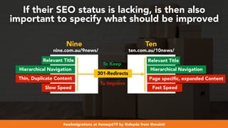 #webmigrations at #smssyd19 by @aleyda from @orainti
If their SEO status is lacking, is then also
important to specify what should be improved
Thin, Duplicate Content
Slow Speed
Hierarchical Navigation
Relevant Title
Page specific, expanded Content
Fast Speed
Hierarchical Navigation
Relevant Title
To Keep
To Improve
301-Redirects
nine.com.au/9news/ ten.com.au/10news/
Nine Ten
 