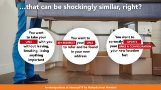 #webmigrations at #smssyd19 by @aleyda from @orainti
…that can be shockingly similar, right?
You want
to take your
belongings with you
without leaving,
breaking, losing
anything
important
You want to
update your details,
to refer and be found
in your new
address
You want to
correctly reorganize
your belongings in
your new location
fast
URLS 301-REDIRECT URLS
LINKS & CONFIGURATION
UPDATE
#webmigrations at #smssyd19 by @aleyda from @orainti
 