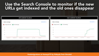 #webmigrations at #smssyd19 by @aleyda from @orainti
Use the Search Console to monitor if the new
URLs get indexed and the old ones disappear
 
