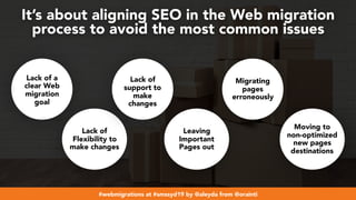 #webmigrations at #smssyd19 by @aleyda from @orainti
It’s about aligning SEO in the Web migration  
process to avoid the most common issues
Lack of a
clear Web
migration
goal
Lack of
Flexibility to
make changes
Lack of
support to
make
changes
Leaving
Important
Pages out
Migrating
pages
erroneously
Moving to
non-optimized
new pages
destinations
 