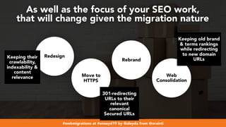 #webmigrations at #smssyd19 by @aleyda from @orainti
Redesign
Move to
HTTPS
Rebrand
Web
Consolidation
As well as the focus...