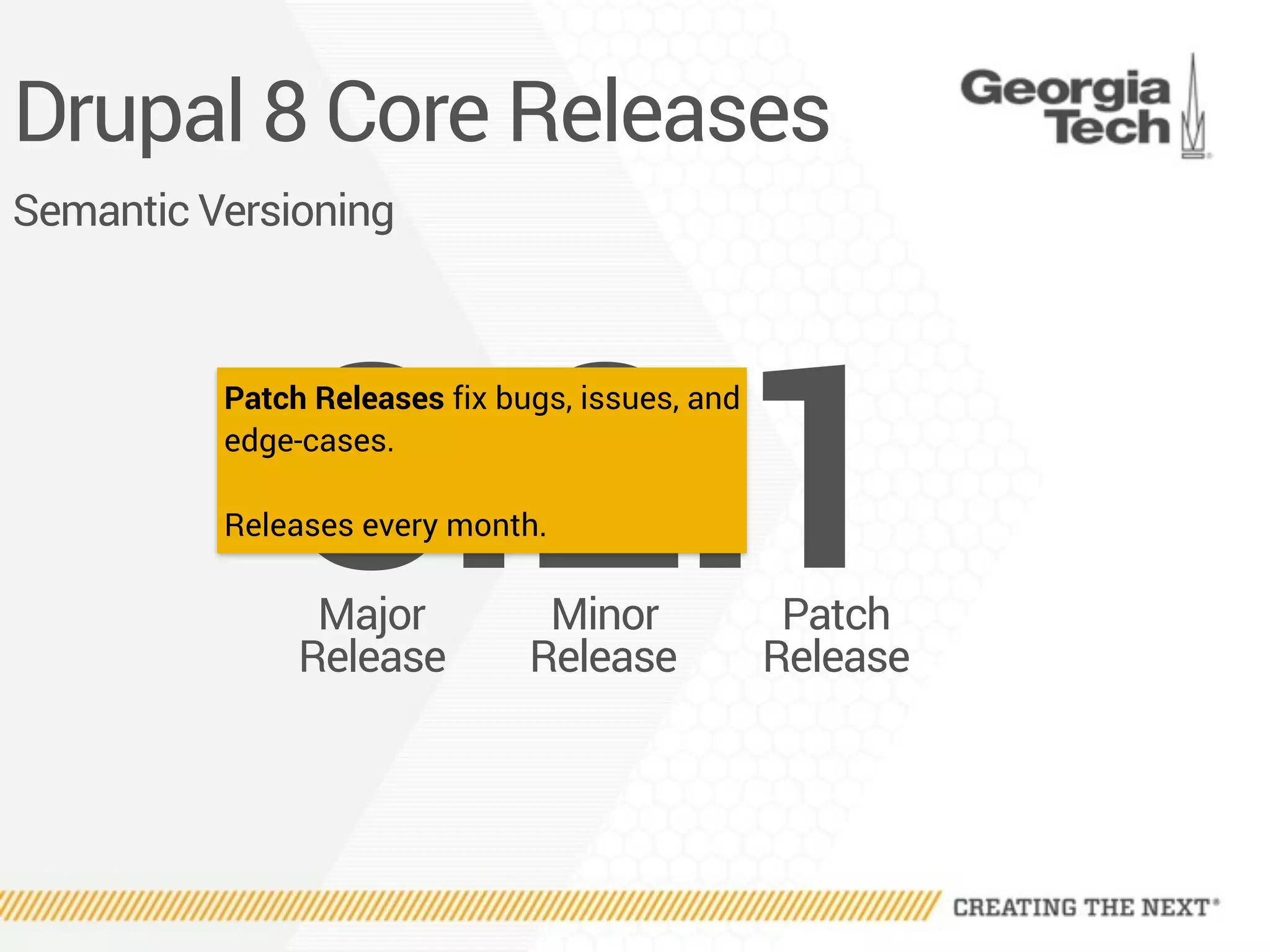 Drupal 8 Core Releases
Semantic Versioning
8.2.1Major  
Release
Minor
Release
Patch
Release
Patch Releases fix bugs, issues, and
edge-cases.
Releases every month.
 