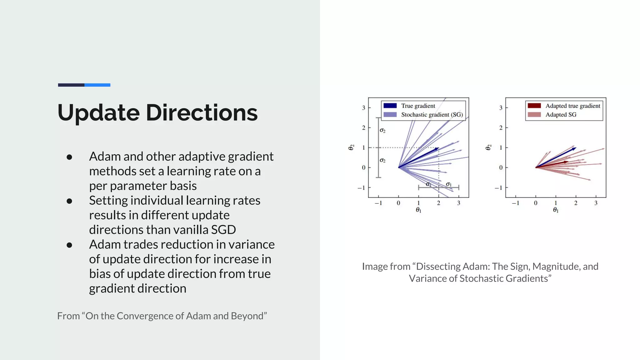 Update Directions
● Adam and other adaptive gradient
methods set a learning rate on a
per parameter basis
● Setting individual learning rates
results in different update
directions than vanilla SGD
● Adam trades reduction in variance
of update direction for increase in
bias of update direction from true
gradient direction
From “On the Convergence of Adam and Beyond”
Image from “Dissecting Adam: The Sign, Magnitude, and
Variance of Stochastic Gradients”
 