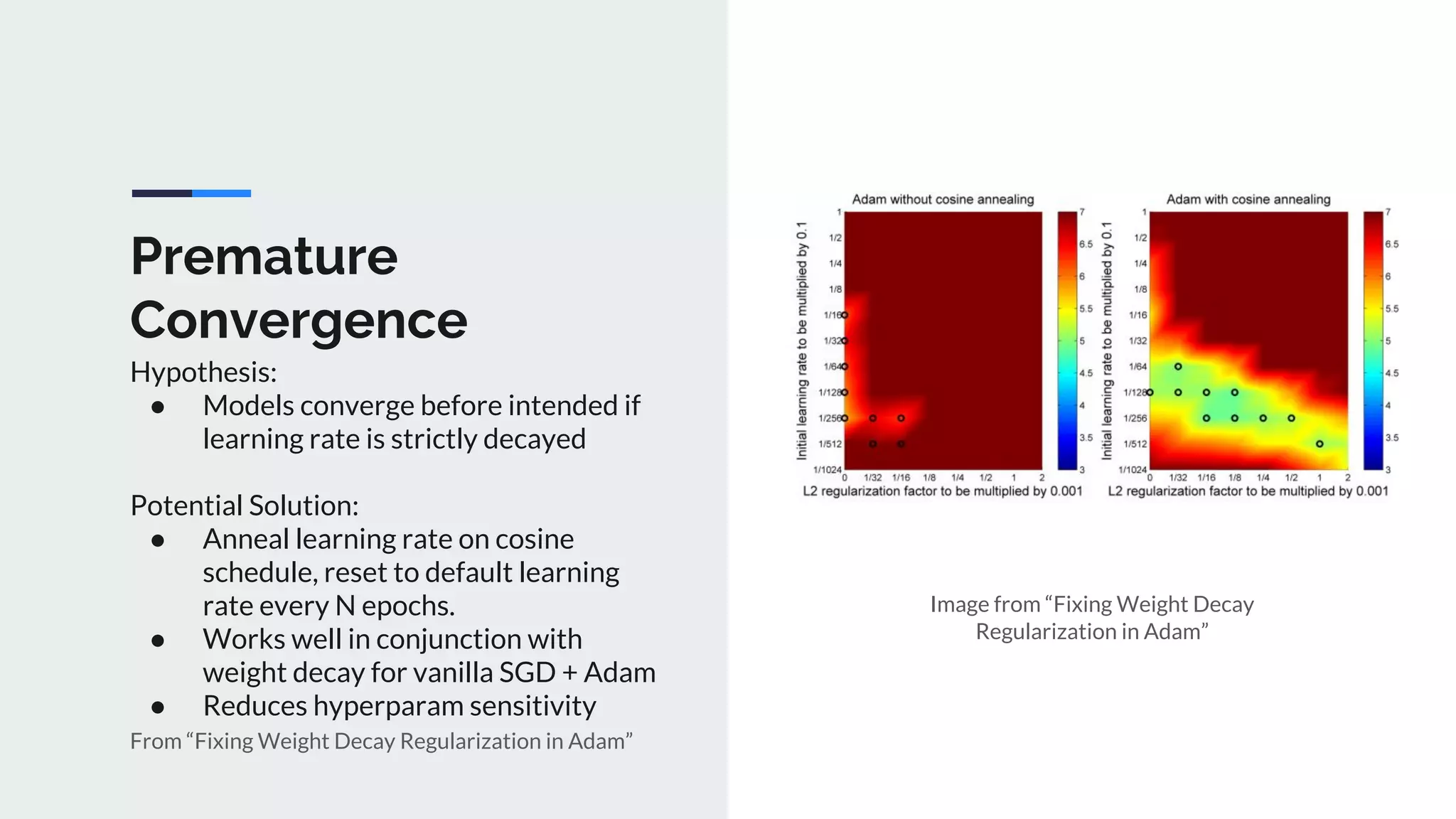 Premature
Convergence
Hypothesis:
● Models converge before intended if
learning rate is strictly decayed
Potential Solution:
● Anneal learning rate on cosine
schedule, reset to default learning
rate every N epochs.
● Works well in conjunction with
weight decay for vanilla SGD + Adam
● Reduces hyperparam sensitivity
From “Fixing Weight Decay Regularization in Adam”
Image from “Fixing Weight Decay
Regularization in Adam”
 