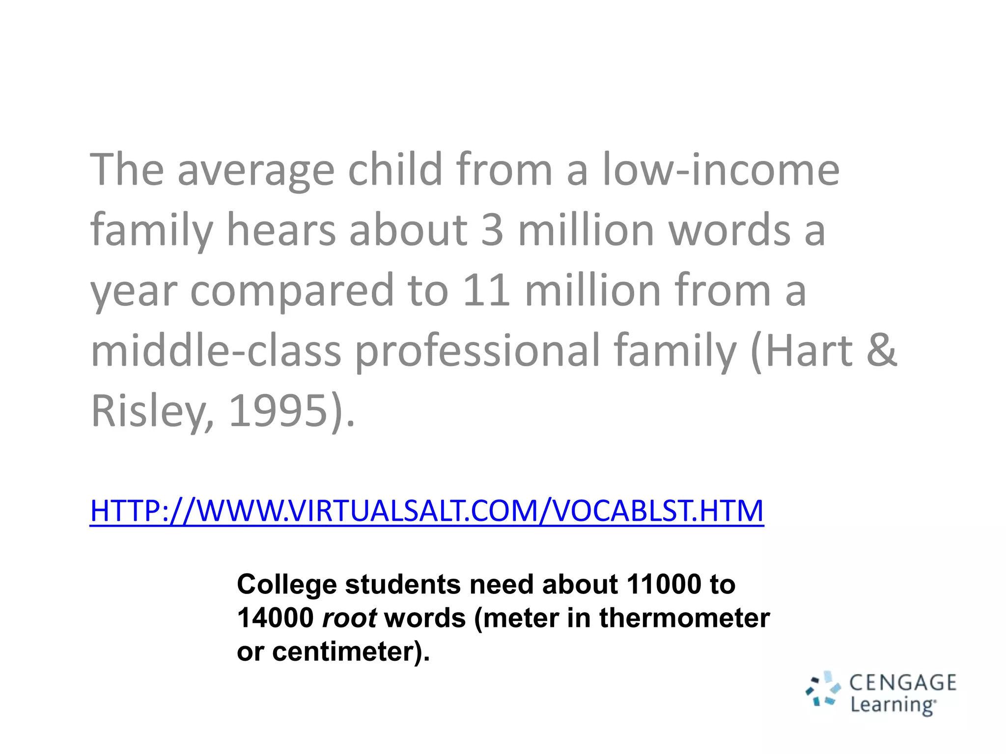 The average child from a low-income
family hears about 3 million words a
year compared to 11 million from a
middle-class professional family (Hart &
Risley, 1995).
HTTP://WWW.VIRTUALSALT.COM/VOCABLST.HTM

        College students need about 11000 to
        14000 root words (meter in thermometer
        or centimeter).
 