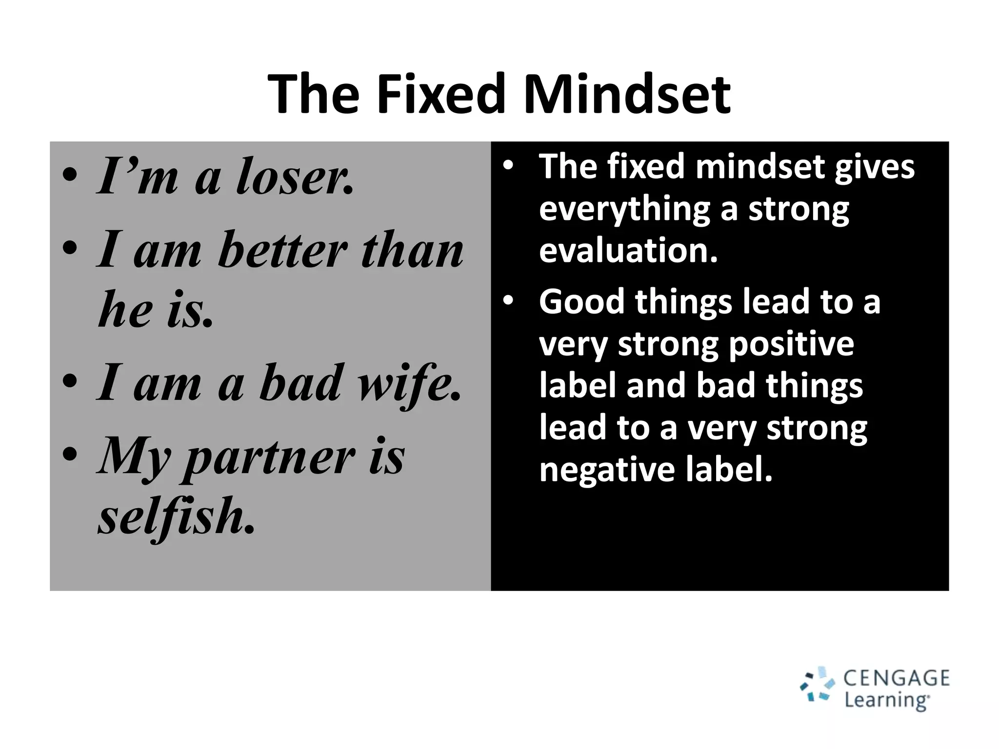 The Fixed Mindset
• I’m a loser.       • The fixed mindset gives
                       everything a strong
• I am better than     evaluation.
  he is.             • Good things lead to a
                       very strong positive
• I am a bad wife.     label and bad things
                       lead to a very strong
• My partner is        negative label.
  selfish.
 