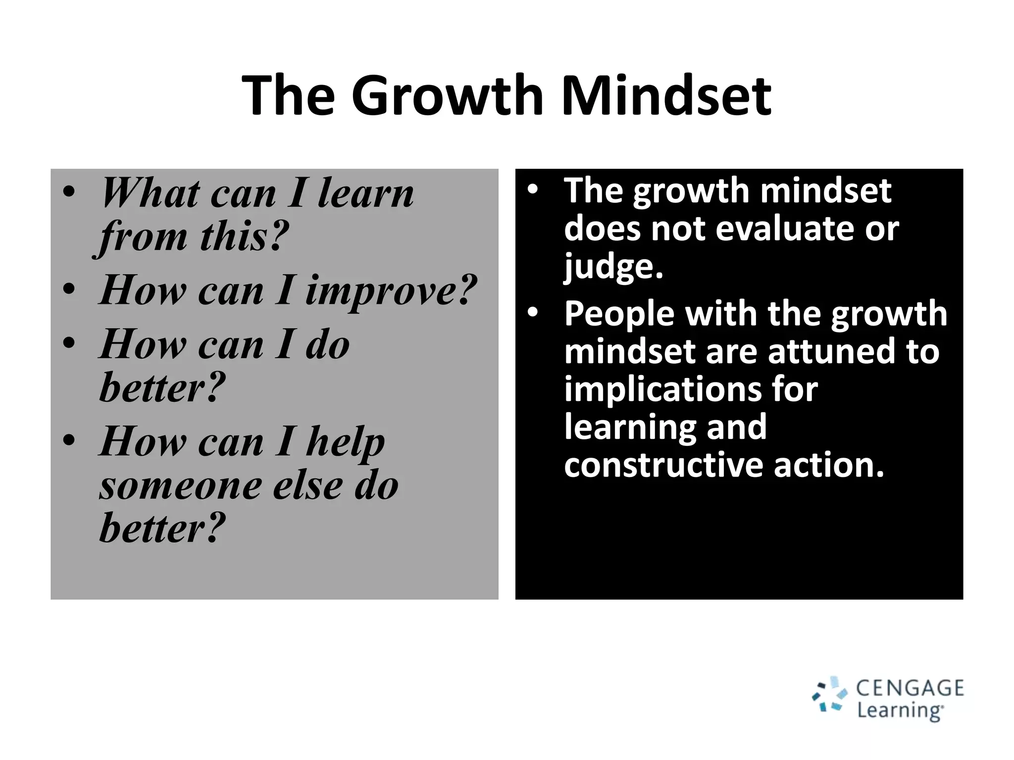 The Growth Mindset
• What can I learn     • The growth mindset
  from this?             does not evaluate or
                         judge.
• How can I improve?   • People with the growth
• How can I do           mindset are attuned to
  better?                implications for
• How can I help         learning and
                         constructive action.
  someone else do
  better?
 