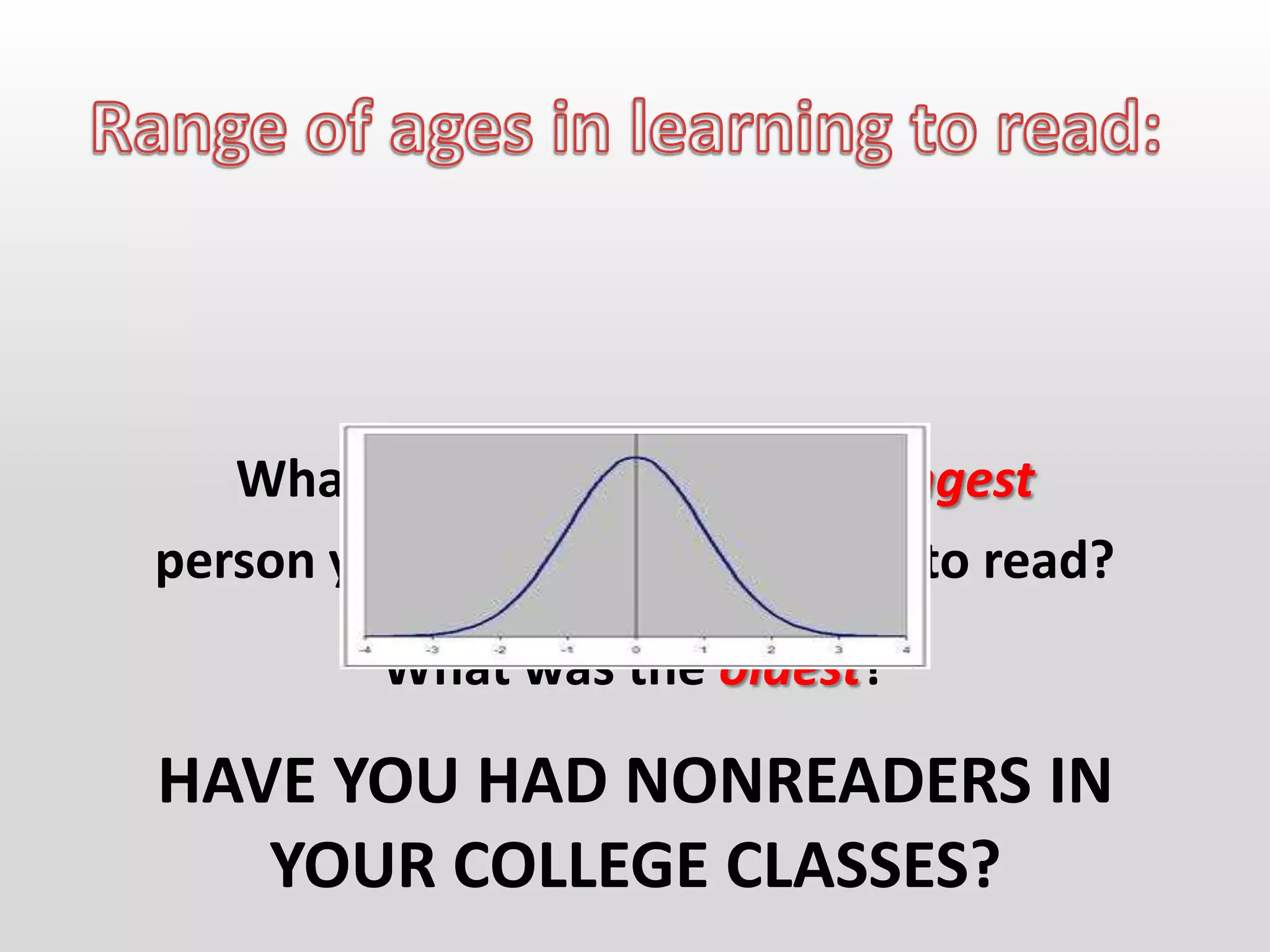 What was the age of the youngest
person you have known to learn to read?
         What was the oldest?

HAVE YOU HAD NONREADERS IN
   YOUR COLLEGE CLASSES?
 