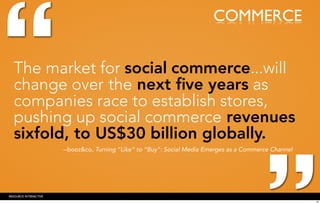 “
                                                                          COMMERCE


  The market for social commerce...will
  change over the next ﬁve years as
  companies race to establish stores,
  pushing up social commerce revenues
  sixfold, to US$30 billion globally.
                       --booz&co, Turning “Like” to “Buy”: Social Media Emerges as a Commerce Channel




RESOURCE INTERACTIVE
                                                                                                        12
 