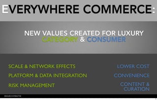EVERYWHERE COMMERCE:
                       NEW VALUES CREATED FOR LUXURY
                           CATEGORY & CONSUMER


    SCALE & NETWORK EFFECTS                  LOWER COST
    PLATFORM & DATA INTEGRATION             CONVENIENCE
    RISK MANAGEMENT                           CONTENT &
                                               CURATION
RESOURCE INTERACTIVE
                                                          19
 