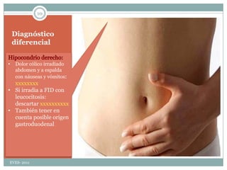 Diagnóstico diferencialHipocondrio derecho:Dolor cólico irradiado abdomen y a espalda con náuseas y vómitos: xxxxxxxx