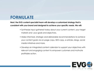 FORMULATE
Next, the EVG content specialist team will develop a customized strategy that is
consistent with your brand and ...