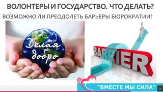 TREYresearch
ВОЛОНТЕРЫИГОСУДАРСТВО. ЧТОДЕЛАТЬ?
ВОЗМОЖНО ЛИ ПРЕОДОЛЕТЬ БАРЬЕРЫ БЮРОКРАТИИ?
23
 