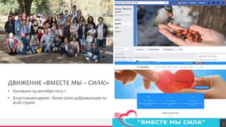TREYresearch
ДВИЖЕНИЕ «ВМЕСТЕ МЫ – СИЛА!»
• Основано 19 сентября 2015 г.
• В настоящее время - более 5000 добровольцев по
всей стране
Онас
мобильная помощь больным
детям, нуждающимся семьям,
одиноким солдатам
5
 