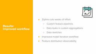 ● Zipline cuts weeks of eﬀort:
○ Custom feature pipelines
○ Data leaks in custom aggregations
○ Data sketches
● Improved m...