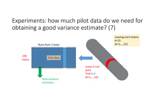 Experiments: how much pilot data do we need for 
obtaining a good variance estimate? (7)
100
topics
Runs from 1 team
Pilot data
New variance 
estimates
Leave‐2‐out
qrels
Trial b=2
(b=1,...,10)
Leaving out k teams
k=15
(k=1,...,15)
 